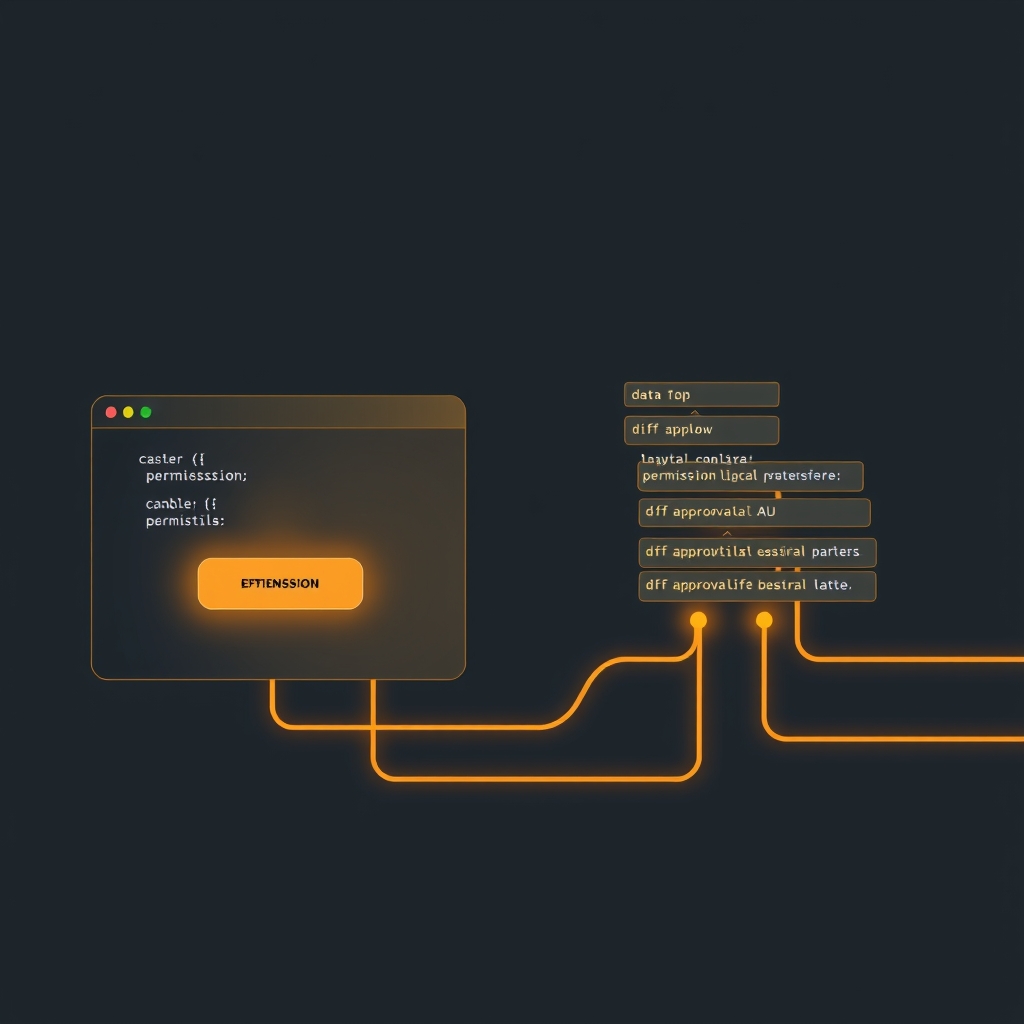 Terminal and IDE windows with contrasting permission gates and data flows