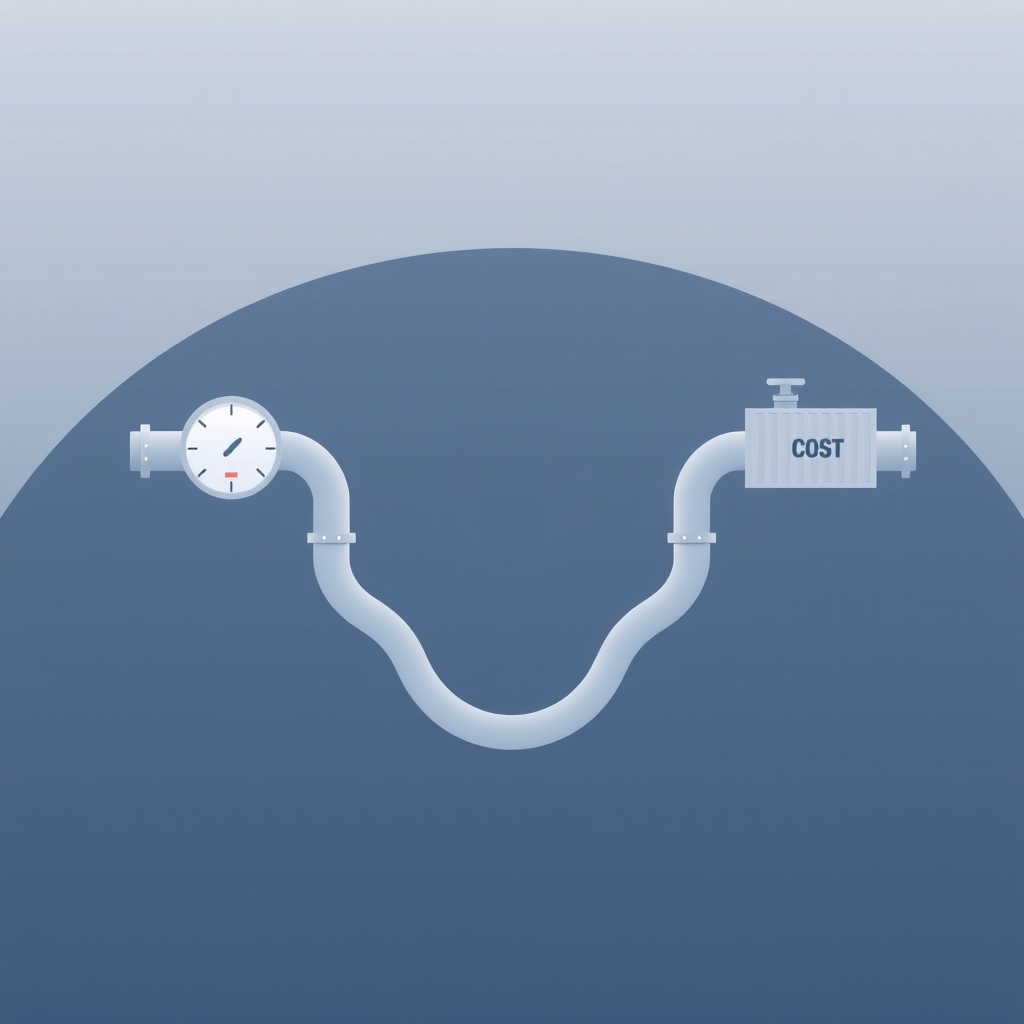 Abstract diagram of two diverging AI workflow pipelines with cost indicators