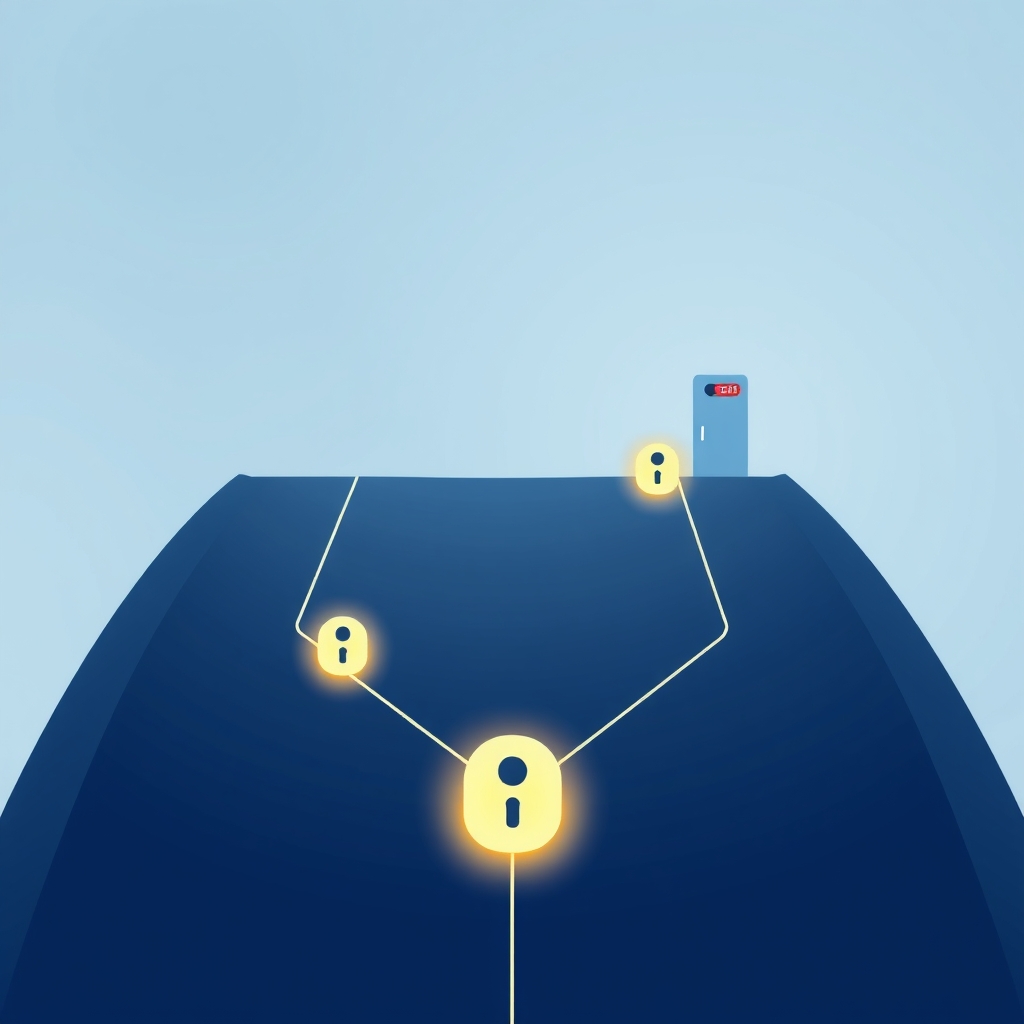 Abstract illustration of two secure paths diverging at an identity checkpoint